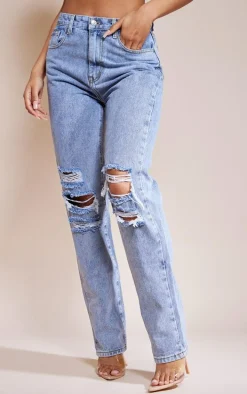 Mid Blue Vintage Wash Ripped Straight Leg Jeans