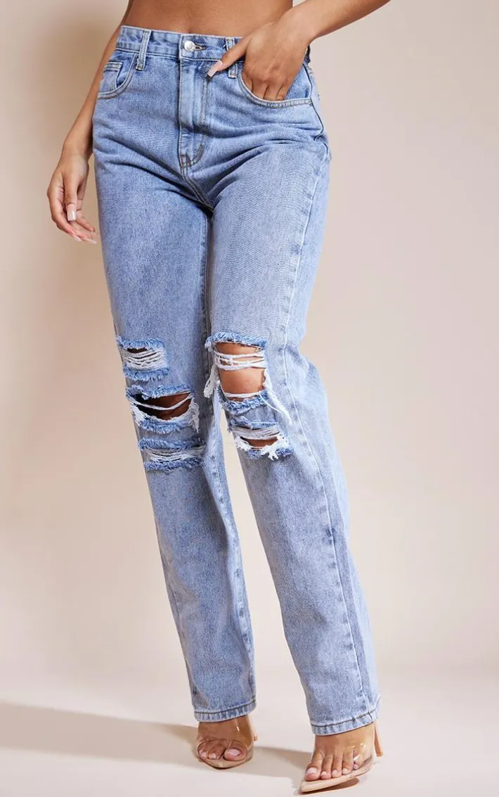 Mid Blue Vintage Wash Ripped Straight Leg Jeans
