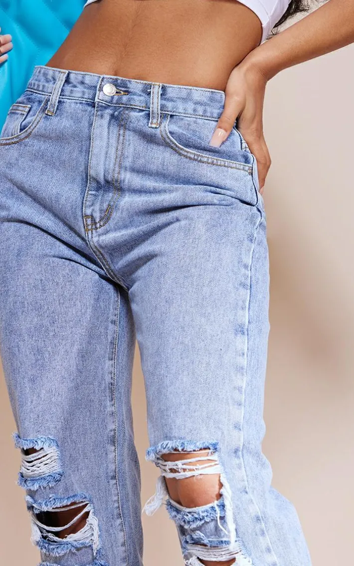 Mid Blue Vintage Wash Ripped Straight Leg Jeans