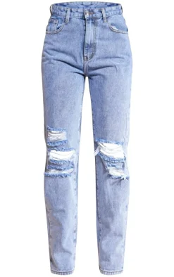 Mid Blue Vintage Wash Ripped Straight Leg Jeans