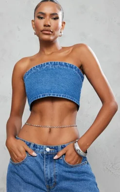 Mid Blue Wash Bandeau Crop Top