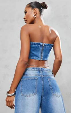 Mid Blue Wash Bandeau Crop Top