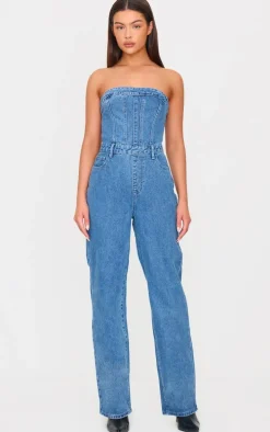 Mid Blue Wash Bandeau Denim Jumpsuit