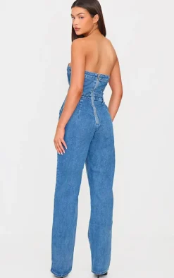 Mid Blue Wash Bandeau Denim Jumpsuit