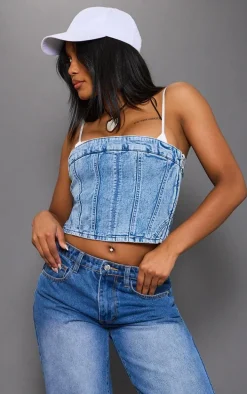Mid Blue Wash Bandeau Seam Detail Denim Corset Top