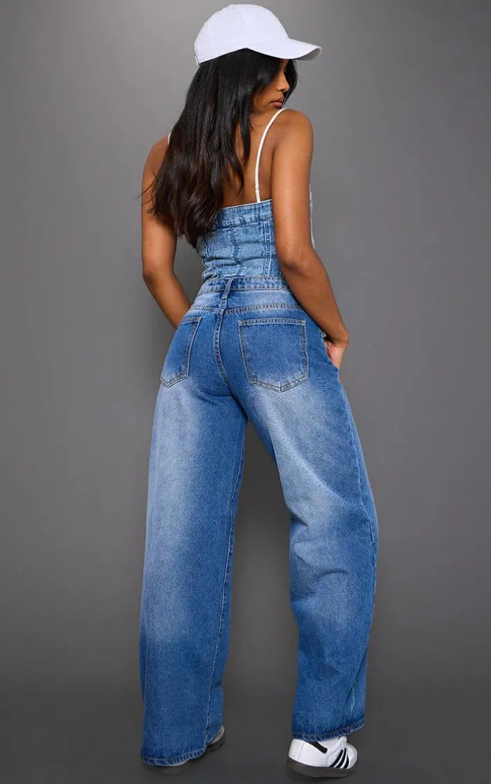 Mid Blue Wash Bandeau Seam Detail Denim Corset Top