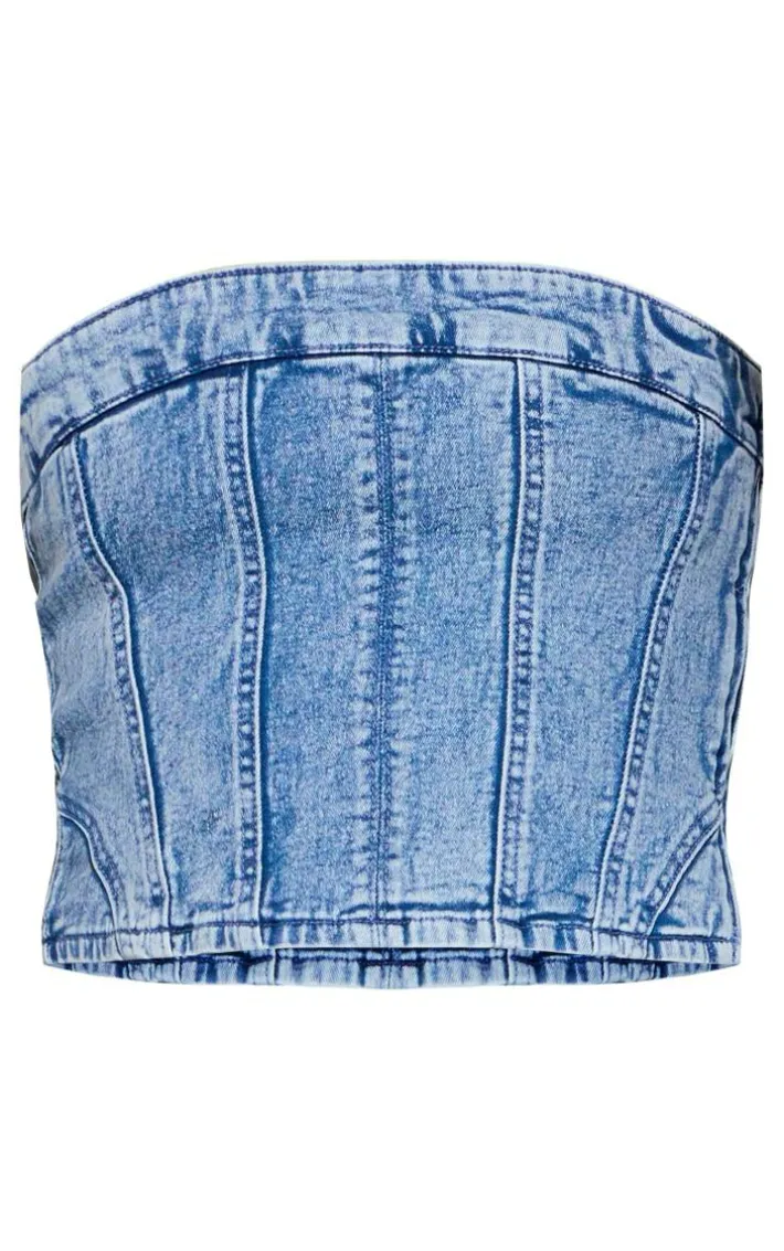 Mid Blue Wash Bandeau Seam Detail Denim Corset Top