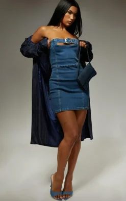 Mid Blue Wash Belted Stretch Denim Micro Mini Dress