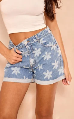 Mid Blue Wash Blurred Floral Print Denim Shorts