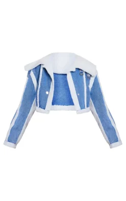 Mid Blue Wash Borg Detail Crop Denim Jacket