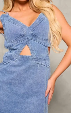 Mid Blue Wash Butterfly Cut Out Waist Mini Dress