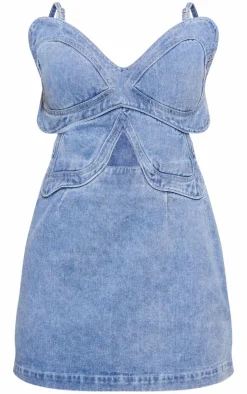 Mid Blue Wash Butterfly Cut Out Waist Mini Dress
