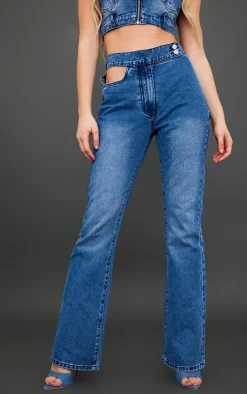 Mid Blue Wash Button Detail Flared Jeans