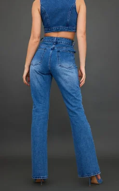 Mid Blue Wash Button Detail Flared Jeans