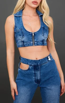 Mid Blue Wash Button Detail Flared Jeans