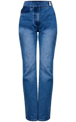 Mid Blue Wash Button Detail Flared Jeans