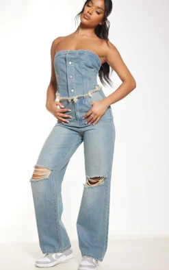 Mid Blue Wash Button Front Raw Edge Denim Top