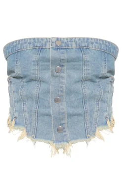 Mid Blue Wash Button Front Raw Edge Denim Top