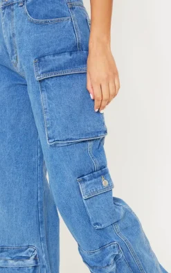 Mid Blue Wash Cargo Pocket Detail Wide Leg Jeans
