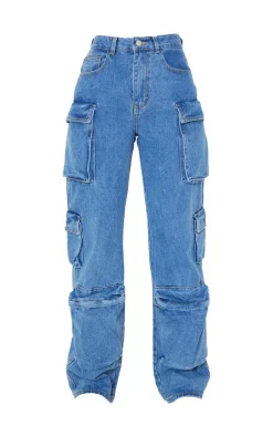 Mid Blue Wash Cargo Pocket Detail Wide Leg Jeans