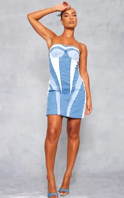 Mid Blue Wash Contrast Panel Denim Mini Dress