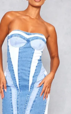 Mid Blue Wash Contrast Panel Denim Mini Dress
