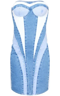 Mid Blue Wash Contrast Panel Denim Mini Dress