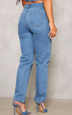 Mid Blue Wash Contrast Panelled Straight Leg Jeans