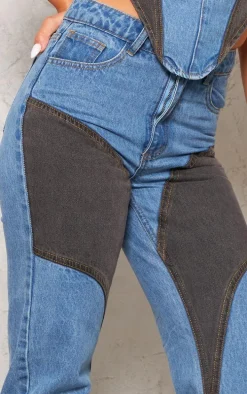 Mid Blue Wash Contrast Panelled Straight Leg Jeans
