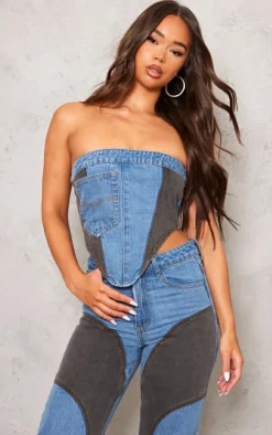 Mid Blue Wash Contrast Panelled Pocket Front Denim Bandeau Top