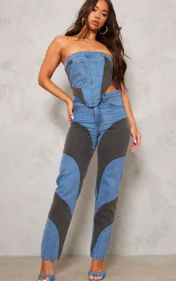 Mid Blue Wash Contrast Panelled Pocket Front Denim Bandeau Top