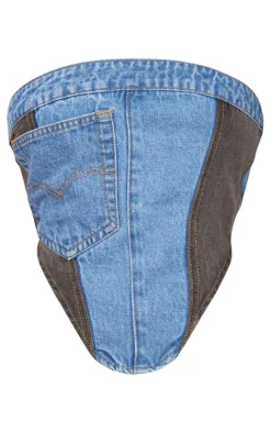 Mid Blue Wash Contrast Panelled Pocket Front Denim Bandeau Top