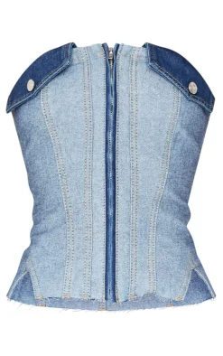Mid Blue Wash Contrast Panel Denim Crop Top
