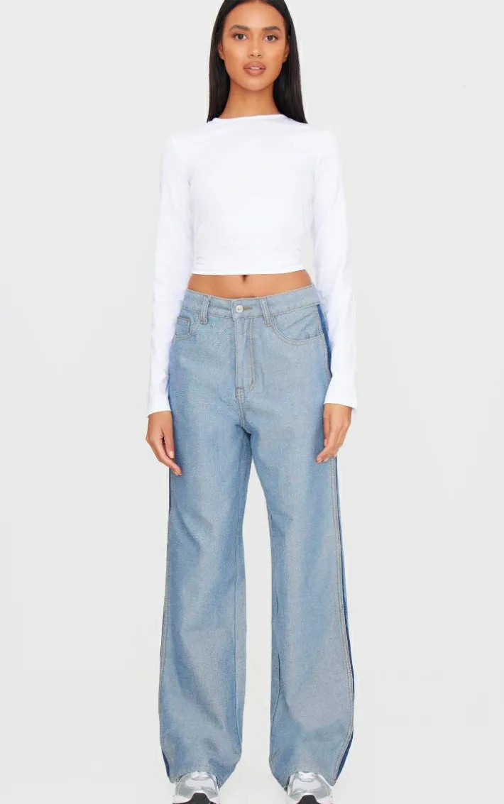 Mid Blue Wash Contrast Panel Denim Straight Leg Jeans