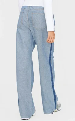 Mid Blue Wash Contrast Panel Denim Straight Leg Jeans