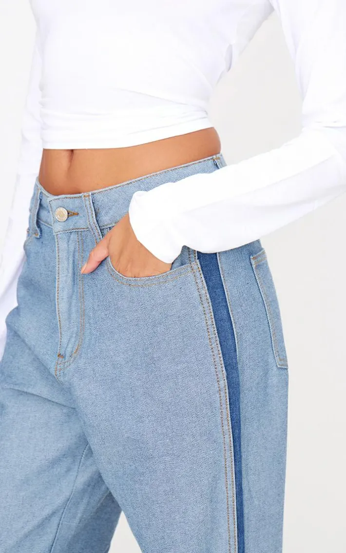 Mid Blue Wash Contrast Panel Denim Straight Leg Jeans