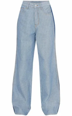 Mid Blue Wash Contrast Panel Denim Straight Leg Jeans