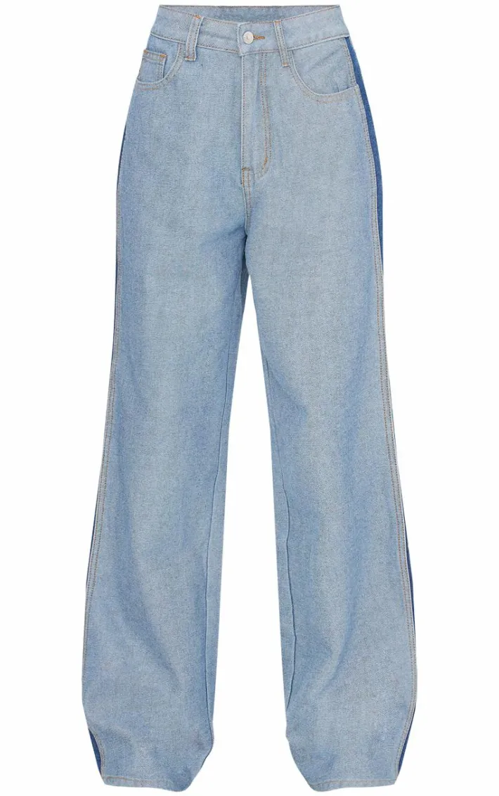 Mid Blue Wash Contrast Panel Denim Straight Leg Jeans