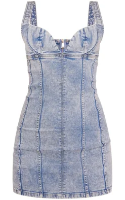 Mid Blue Wash Cupped Seam Detail Denim Mini Dress