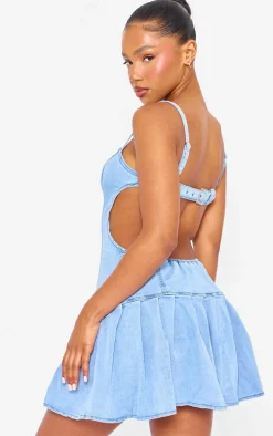 Mid Blue Wash Cut Out Side Pleated Skirt Mini Dress