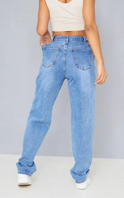 Mid Blue Wash Cut Out Waist Band 90'S Baggy Boyfriend Jeans