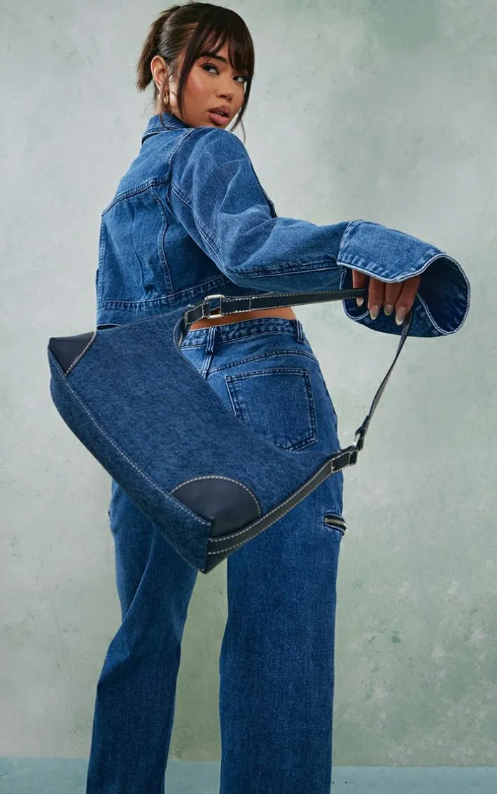 Mid Blue Wash Denim Cuff Detail Cropped Jacket