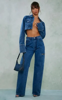 Mid Blue Wash Denim Cuff Detail Cropped Jacket