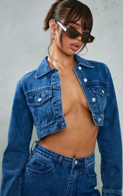 Mid Blue Wash Denim Cuff Detail Cropped Jacket