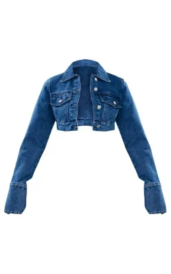 Mid Blue Wash Denim Cuff Detail Cropped Jacket
