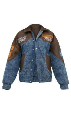 Mid Blue Wash Denim Faux Leather Mix Badge Detail Bomber Jacket