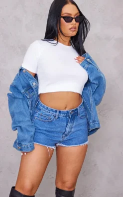 Mid Blue Wash Denim Frayed Hem Shorts