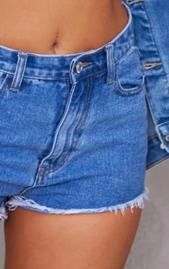 Mid Blue Wash Denim Frayed Hem Shorts