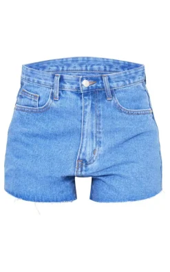 Mid Blue Wash Denim Raw Hem Hot Pants