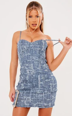 Mid Blue Wash Diamante Buckle Textured Denim Mini Dress